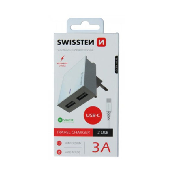 Kućni punjač Swissten 2 USB USB-C 3A.